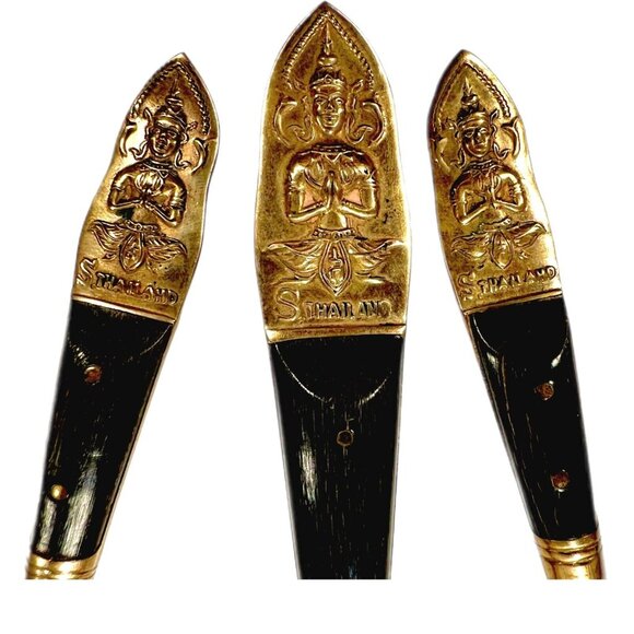 VTG LOT of 3 THAILAND SIAM Brass Wood Handle Small Serving pieces oyster spoon - Picture 2 of 7